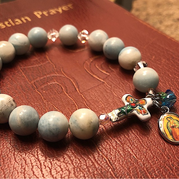 ❤️Amazonite Swarovski Crystal Stretch Bracelet📿Rosary ✝️ - Picture 1 of 9